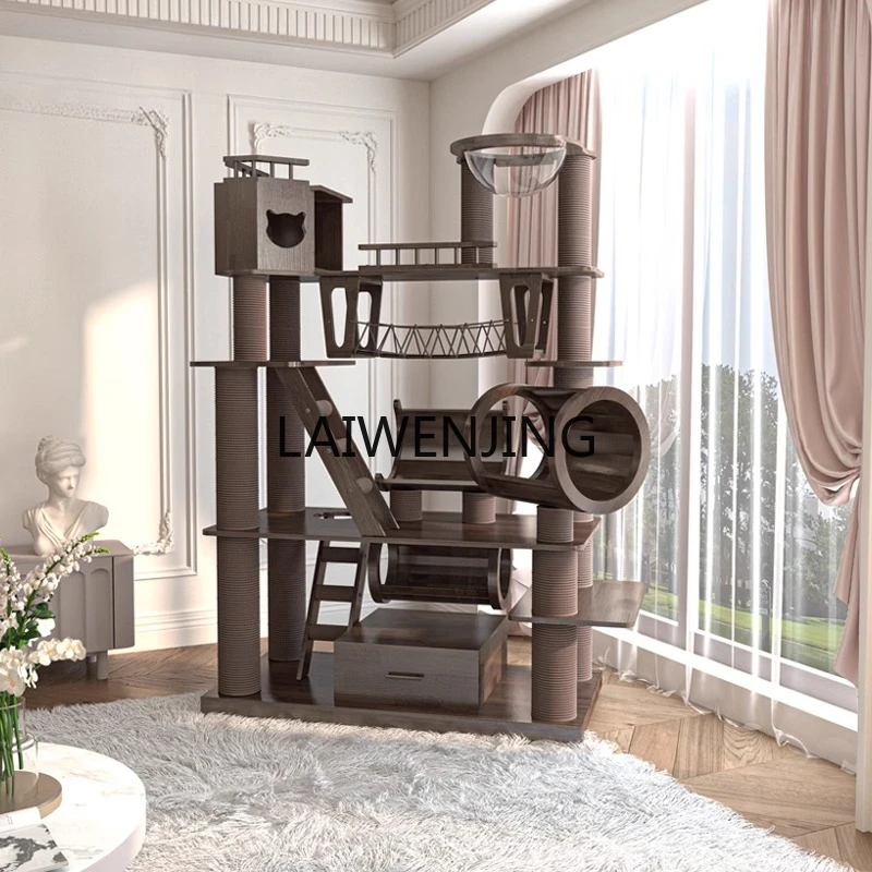 

MJY large solid wood cat climbing frame nest tree integrated cat castle lacquered black walnut color