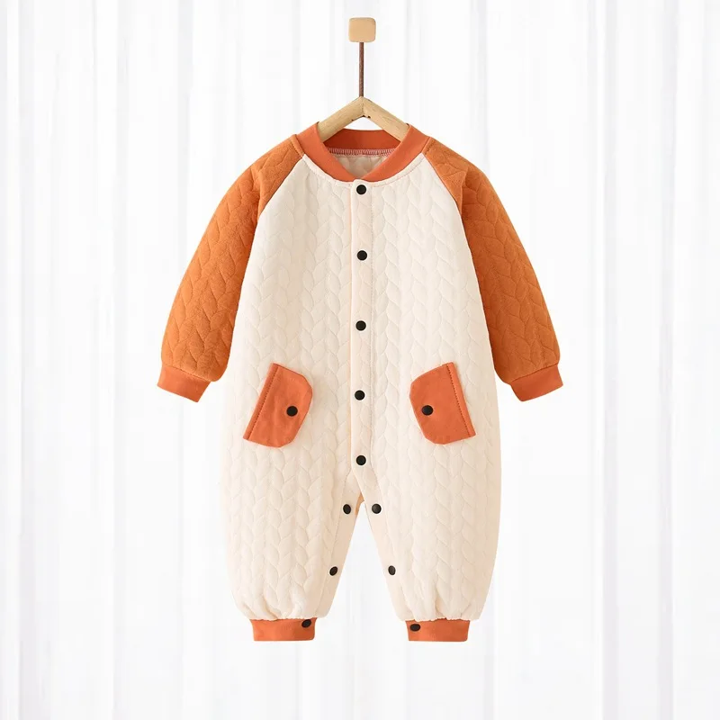 Autumn Newborn Boy Jumpsuit Cotton Plus Thick Padded Spliced Sleeves Warm Baby Boys Bodysuit Single Breasted Infant Boy Onesies