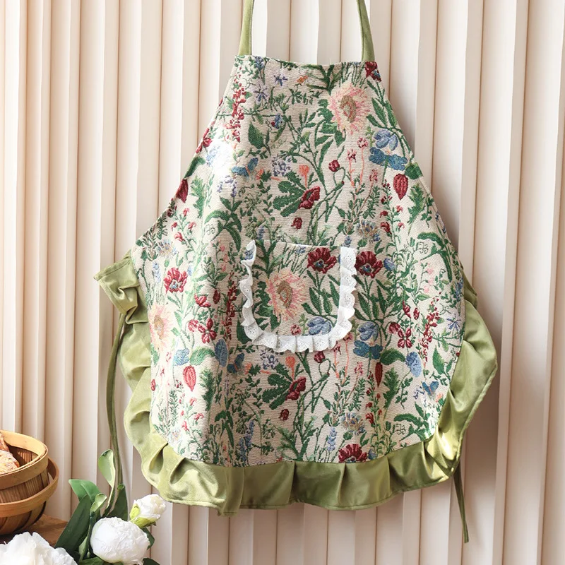 Landelijke, frisse huishoudelijke dames schort met kantbloemen, vuilafstotend kookschort voor de keuken
