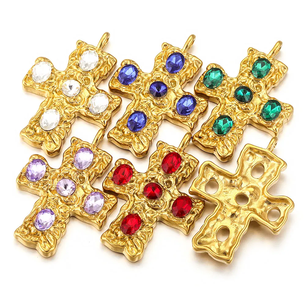 2pcs Stainless Steel Gold Plated PVD Charms Cross Insert Crystals for DIY Necklace Bracelet Jewelry Making Accessories Wholesale