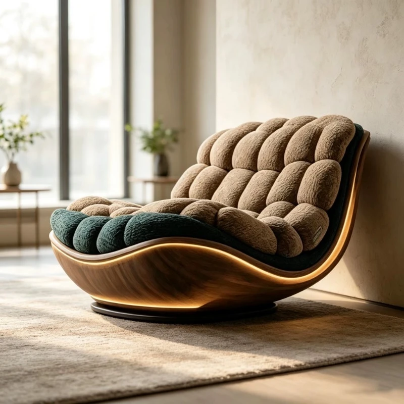 Modern Fabric Rocking Chair Curved Solid Wood Frame Leisure Revolving Lounge