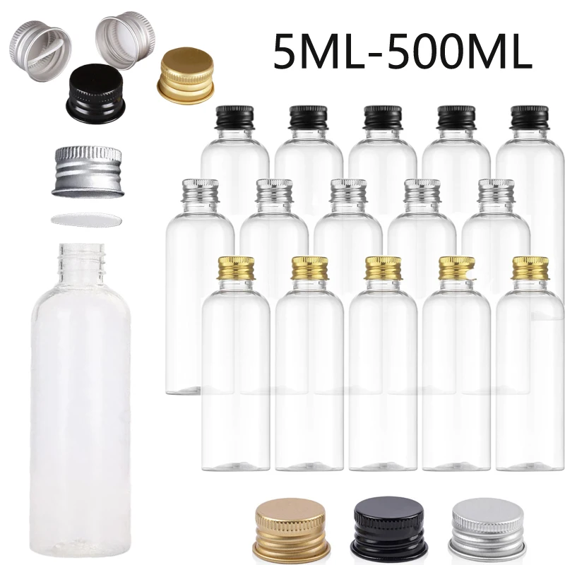 5-500ml Clear PET Plastic Bottle with Aluminum Screw Cap Portable Travel Cosmetic Container For Lotion Cream Juice Essential Oil