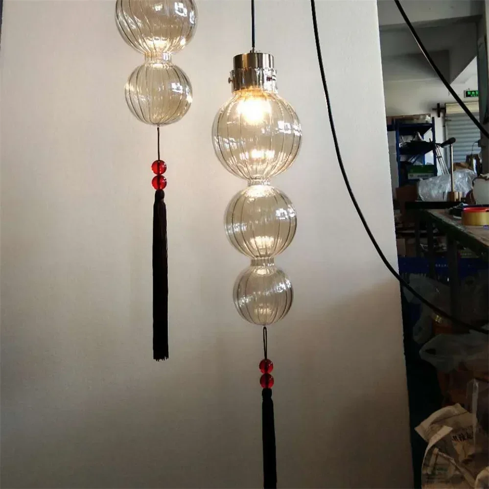 

Candelabro de cristal de estilo chino, lámpara diseñador teñida, luces borla calabaza, Loft, cocina