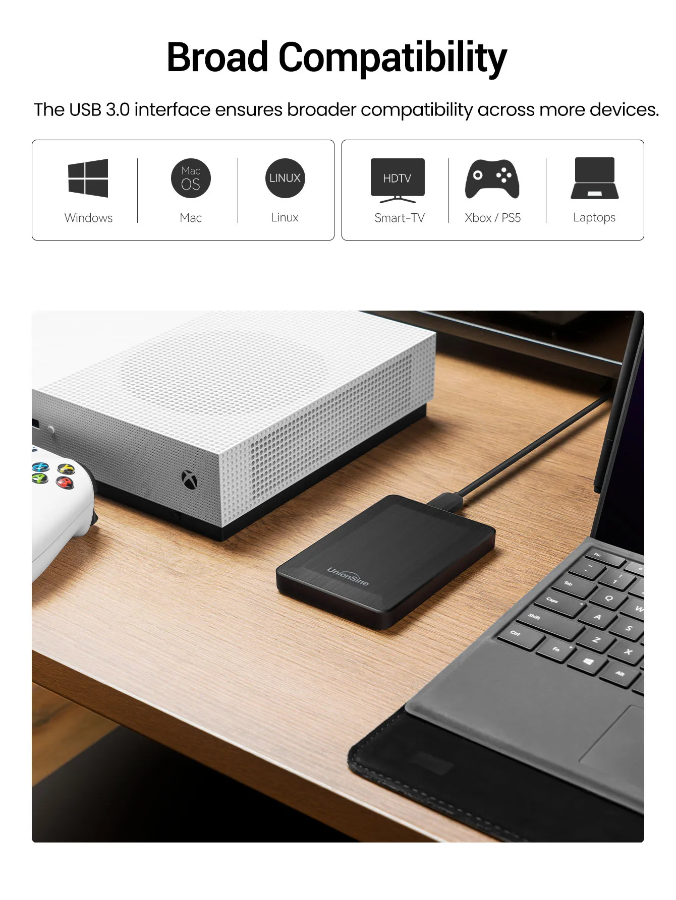 UnionSine Externe Festplatte 250GB–2TB Portable HDD USB 3.0 – Kompatibel mit PS4, PS5, Xbox, PC, Laptop, Mac – Geeignet für TV-Aufnahme, Spiele-Speichererweiterung, Datensicherung – Ihr kostengünstiger Speicherplatz – Detail 2