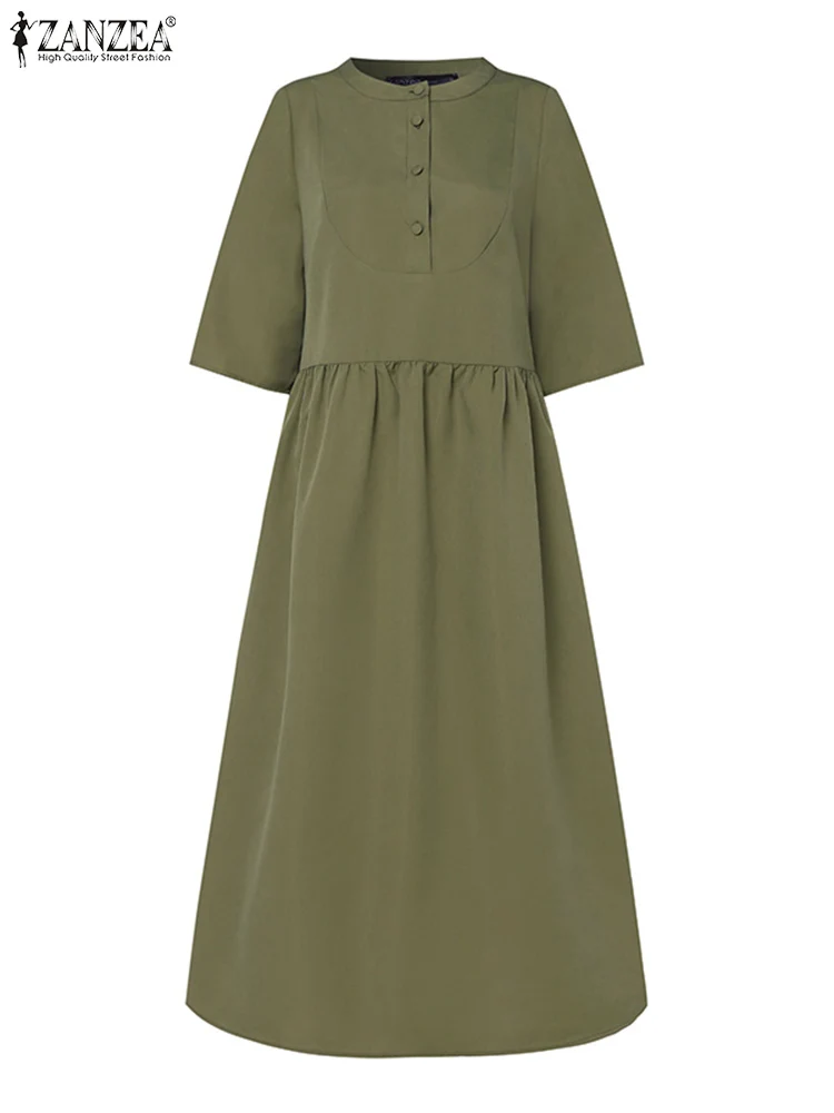 ZANZEA Fashion Summer Half Sleeve Sundress Women Elegant OL Work Midi Dress Solid Pleated A-line Vestidos Casual Buttons Up Robe