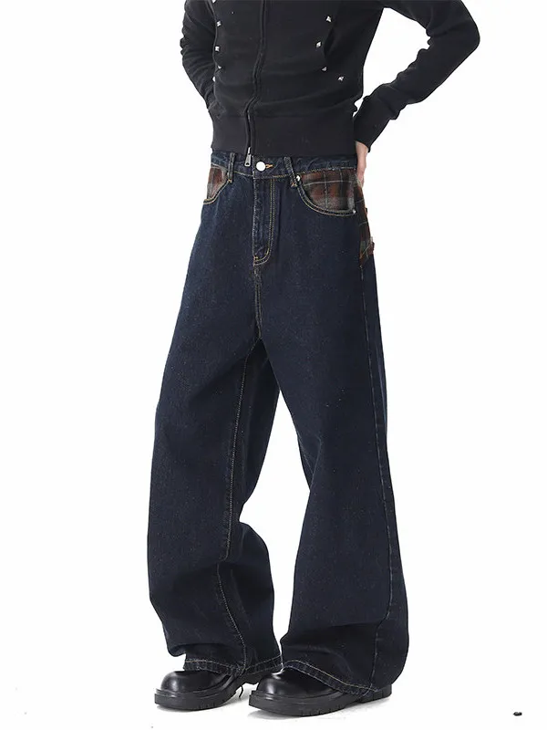 

Мужские джинсы TANGZ Studio в стиле ретро с пэчворком, свободные, прямого кроя, весенние, повседневные, из смесового хлопка, с клетчатым узором