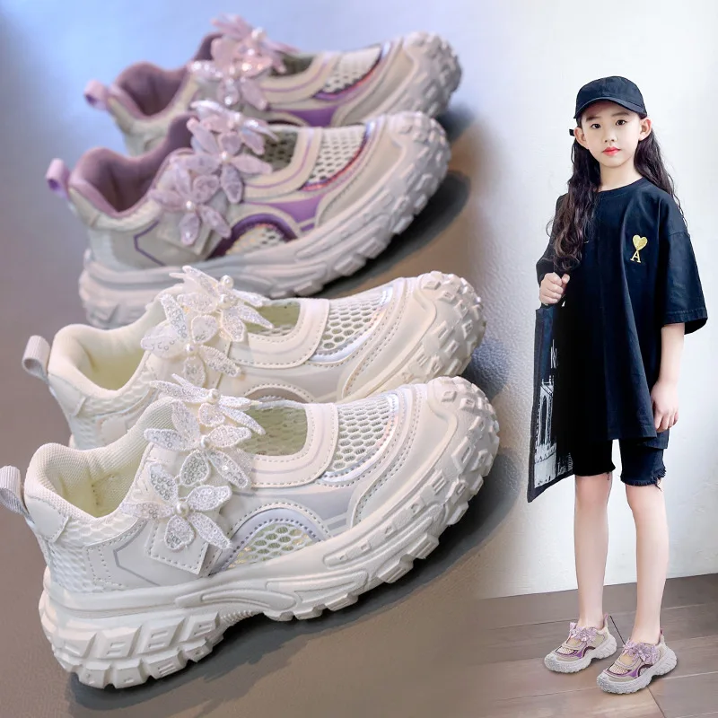 Summer Girls Sports Sandals Children Hollow-out Mesh Dad Shoes Children Breathable Beach Shoes White Soft-soled Casual Sandals