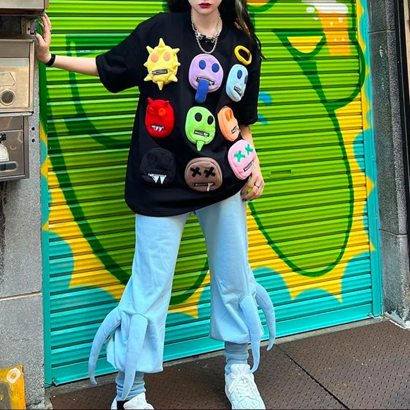 Summer Women T-Shirt Cool Cartoon Face Appliques Colorful Tees Female O Neck Loose Casual High Street Girls Oversize Tees NZ274