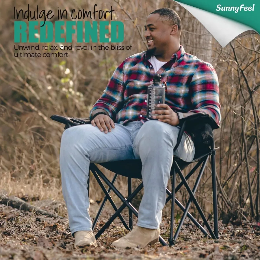 كرسي تخييم قابل للطي كبير الحجم 500 رطل كراسي حديقة شديدة التحمل للبالغين أسود محمول قابل للطي مع جيب حامل أكواب مسند الذراع