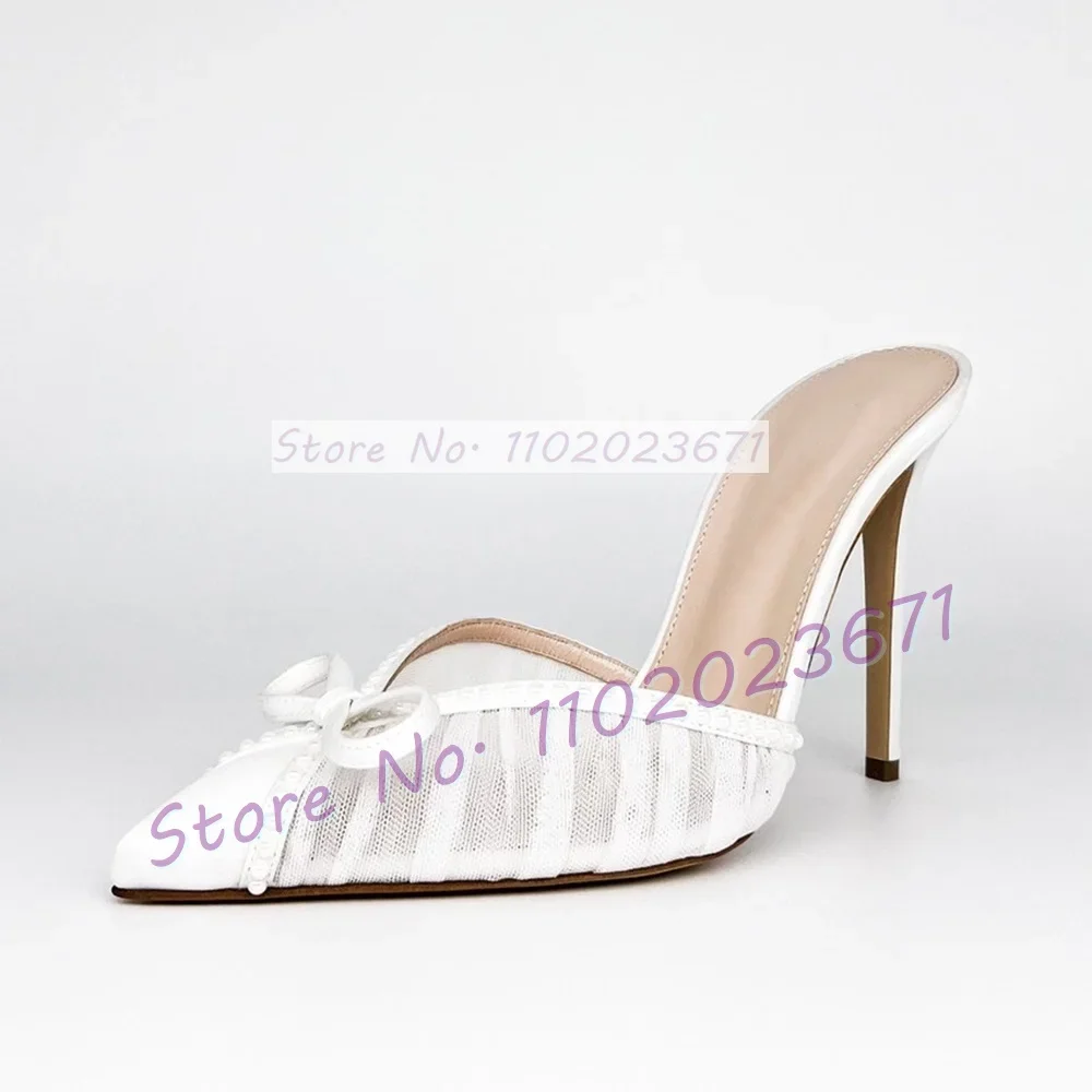 Bowknot Pointed Toe Tulle Slippers Women Elegant Satin Patchwork High Heels Shoes Female Festival Party Charming Purple Mules