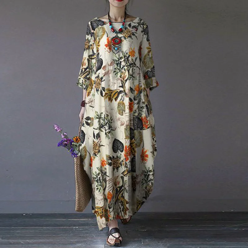 Women's Vintage Cotton Linen Long Dresses, Female Holiday Dress, Elegant  Short Sleeve, Print Loose, Summer Party Dress, Streetwe - AliExpress  200000345