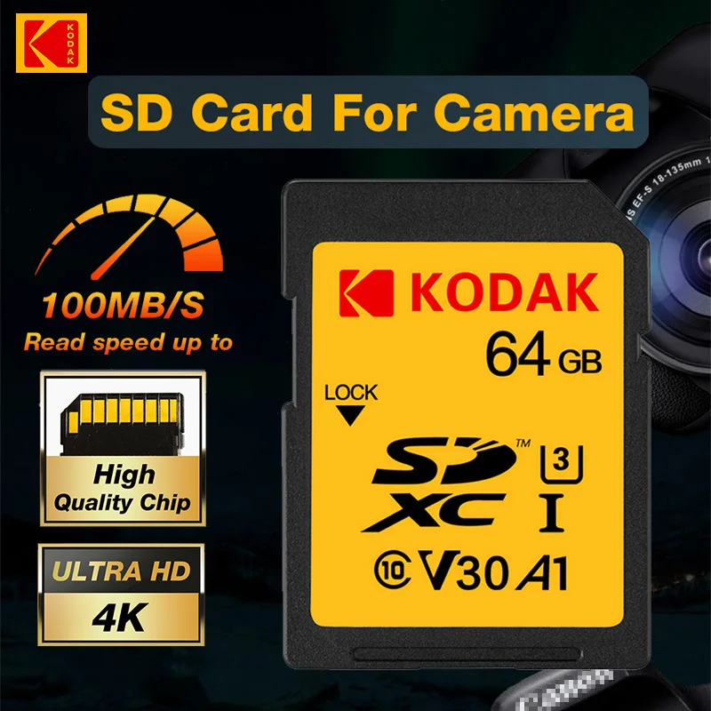 KODAK 100% Original 64GB 128GB SD Card 256GB Memory Cards Class10 4K HD SD Card Memory Card SDXC V30 Memory Cards for Camera PC