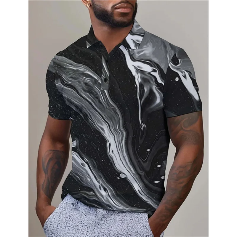 3D Printed Marble Polo Shirt For Men Abstract Pattern Short Sleeves Outdoor Summer Street Lapel T-Shirt Button Loose Tees Tops