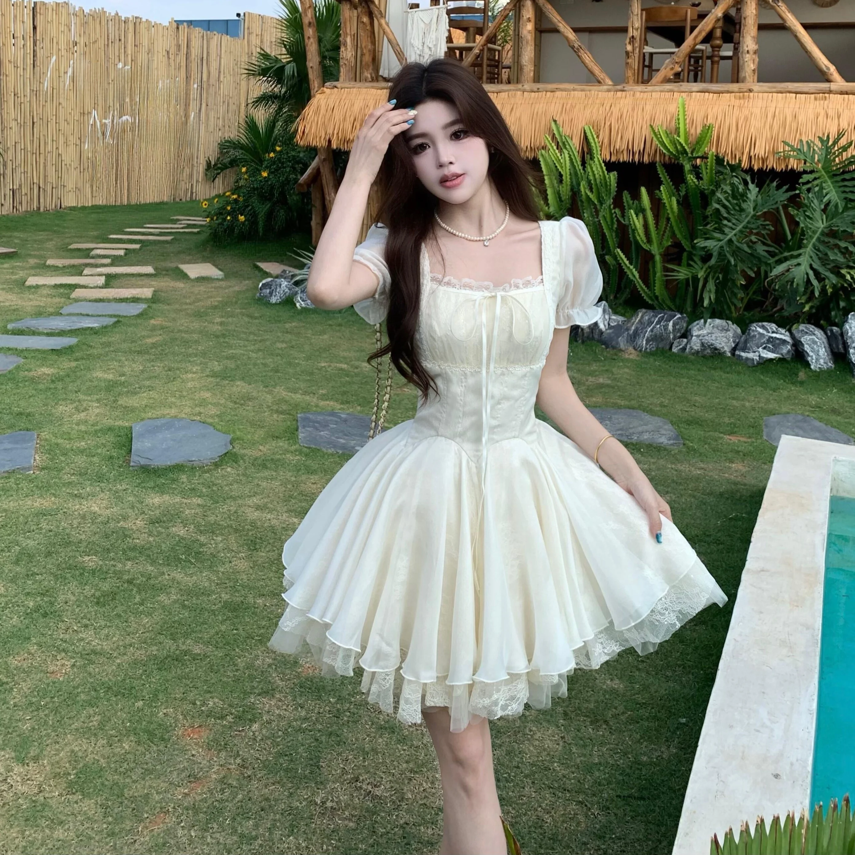 Elegant Lace Splice Fairy Skirt Dress Women's Summer plus Size Waist Cinched Holiday Style Long Dresses French Style Bubble S...