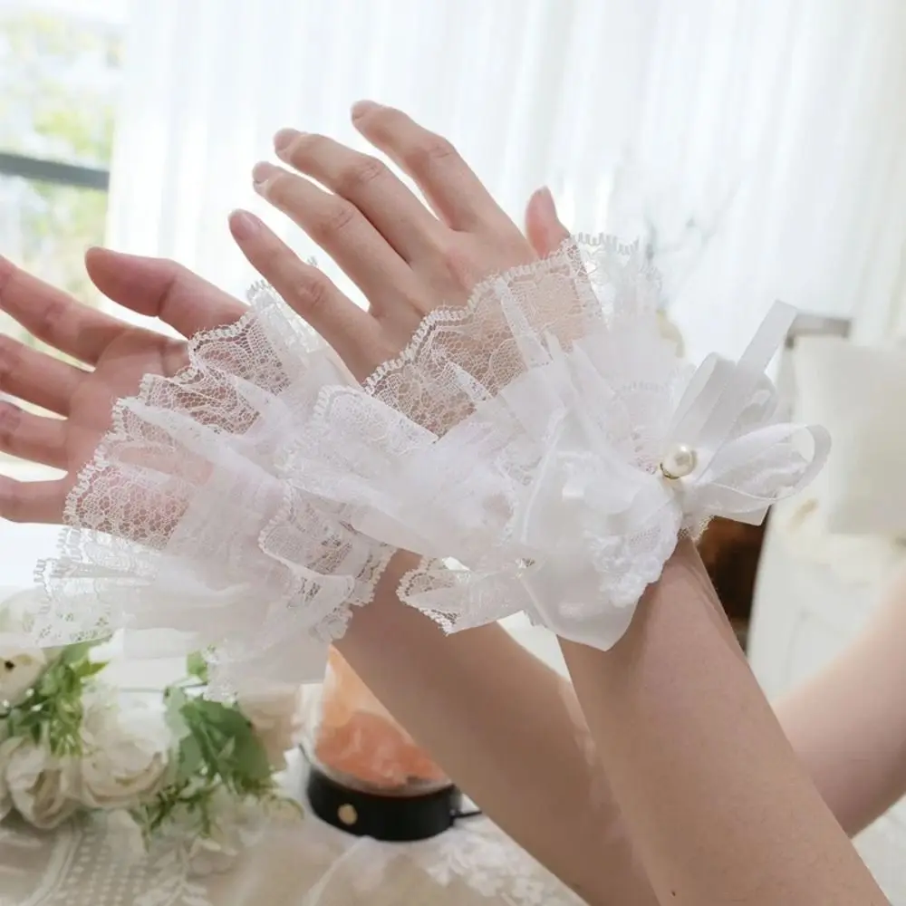 الحلو الأبيض الدانتيل الكفة اللؤلؤ القوس انفصال وهمية متوهج الأكمام لوليتا الكفة تأثيري حلية