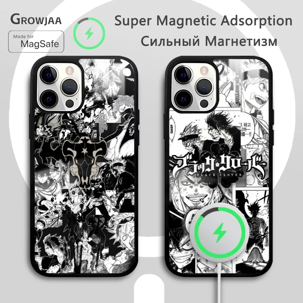 

A-Asta Cartoon Black C-Clover Phone Case For IPhone 16 15 14 13 12 11 Pro Max Plus Mini Magsafe Mirror Wireless Magnetic Funda