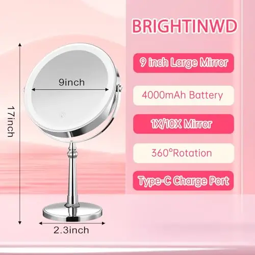 9" Large Lighted Makeup Mirror, 1X/10X Magnifying Mirror with Lights, 360 Rotate Touch Screen Vanity Mirror with 3 Color Lights