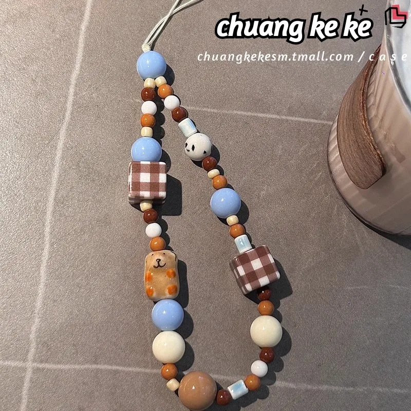 

Милый керамический ремешок для телефона с медвежьими бусинами, брелок с защитой от потери веревки, короткая цепочка, аксессуар для стильного подвешивания телефона