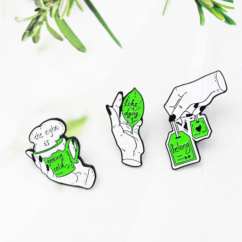 El tiempo como teñir, insignias de alfileres de esmalte para té verde, té de bebida, alfileres de mano de mago, bolsas de Pines, joyería para amigo, regalo Punk, blanco