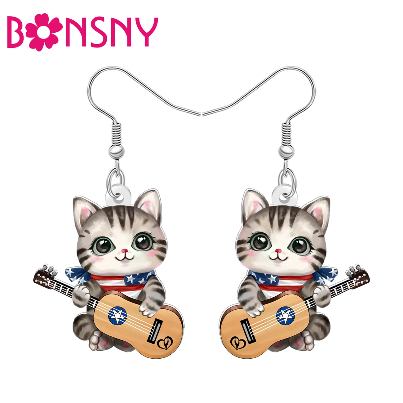 BONSNY Acrylic Independence Day Cats Earrings American Flag Cartoon Kitten Pets Dangle Jewelry Patriotic Gifts For Women Girls