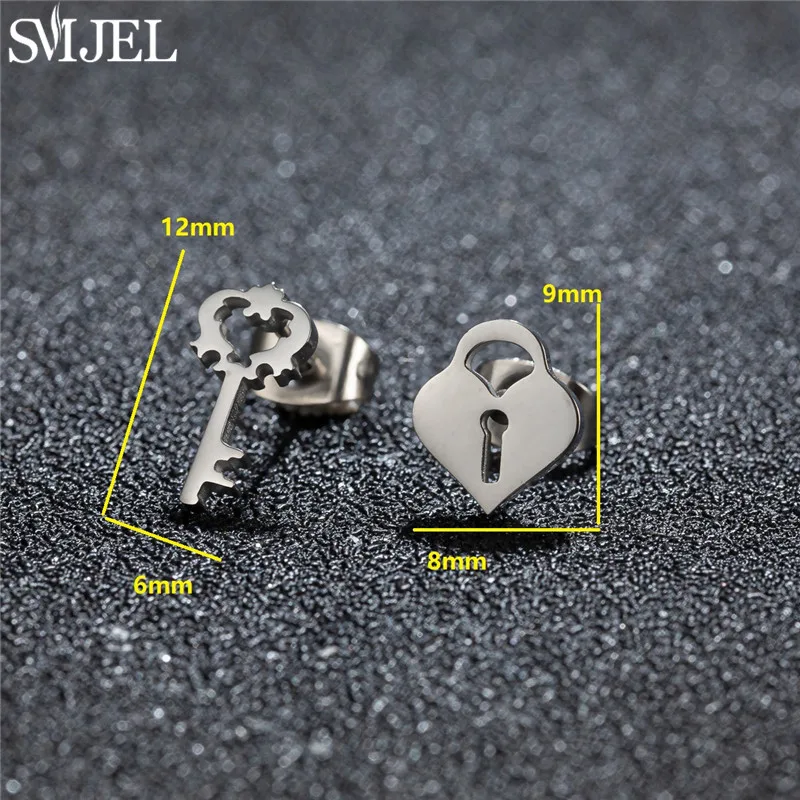 SMJEL Asymmetry Stainless Steel Lock And Key Stud Earrings for Women Minimalist Dainty Earings Girlfriend Anniversary Gift