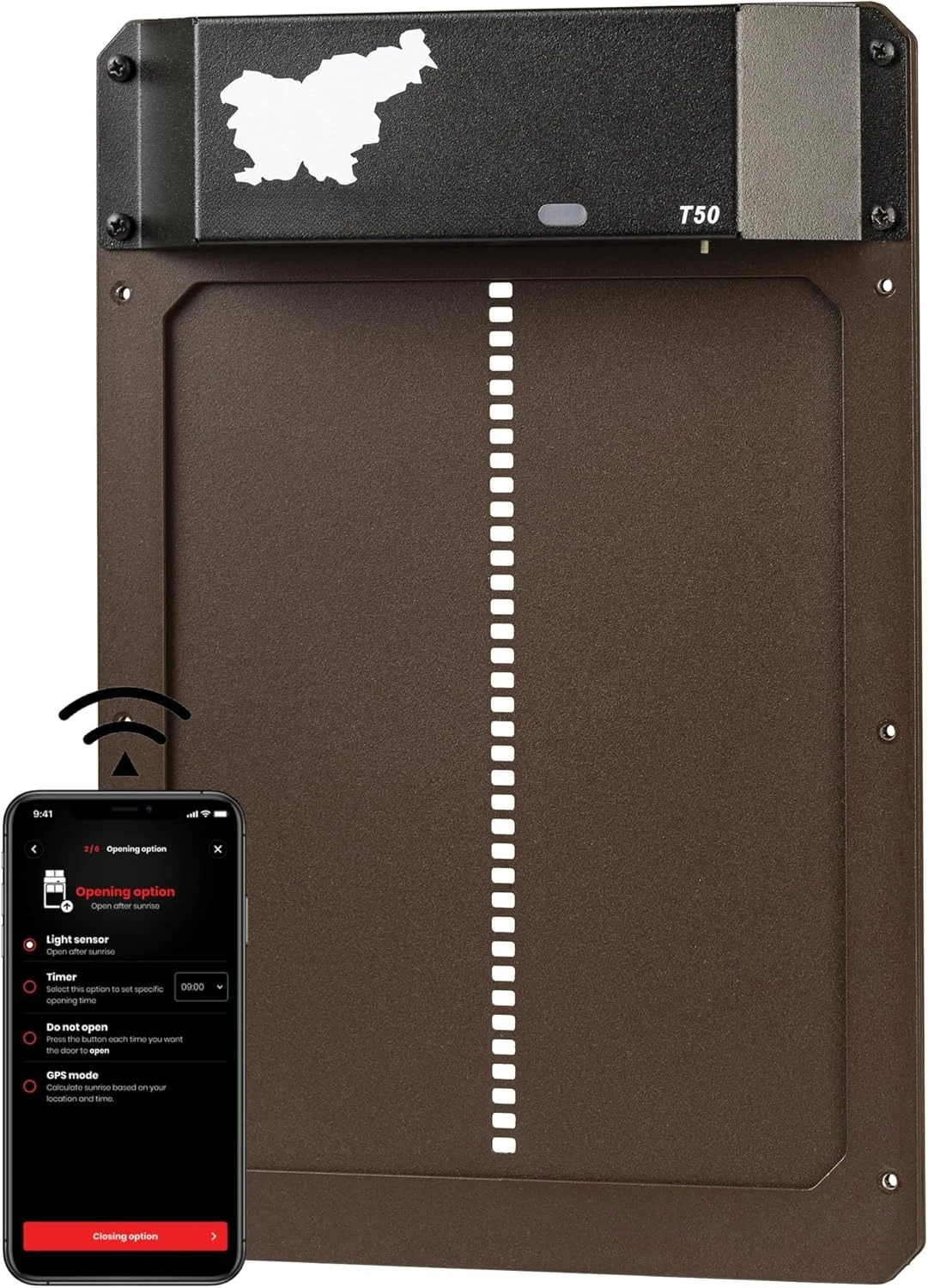 

Door (Brown) Automatic Chicken Coop Door, Programmable with App, Battery Operated, Evening and Morning Delay, Aluminum Door