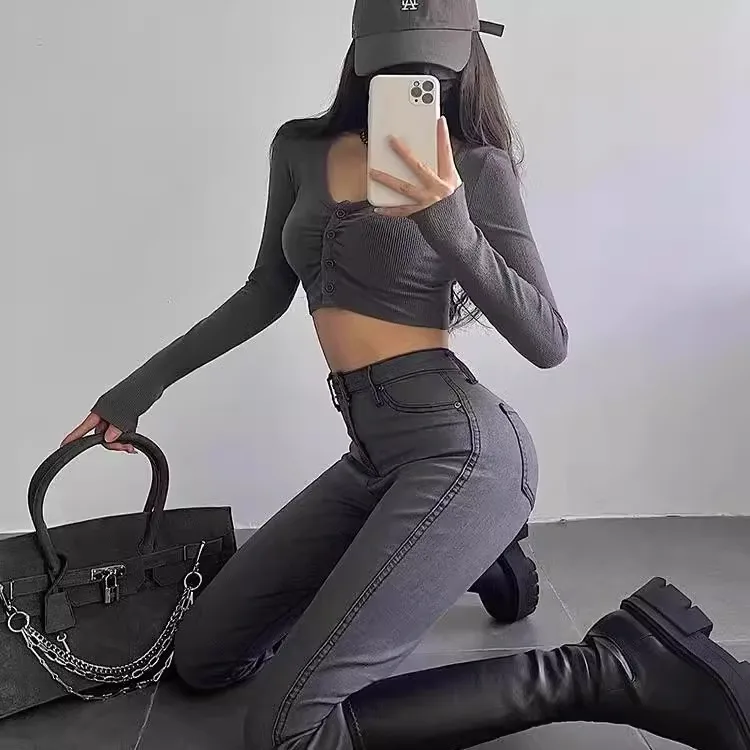 

High Waist Korean Sle e ey Butt Lifting Slim Fit Yoga Women's Jeans Elastic Pencil Pants Long Trousers