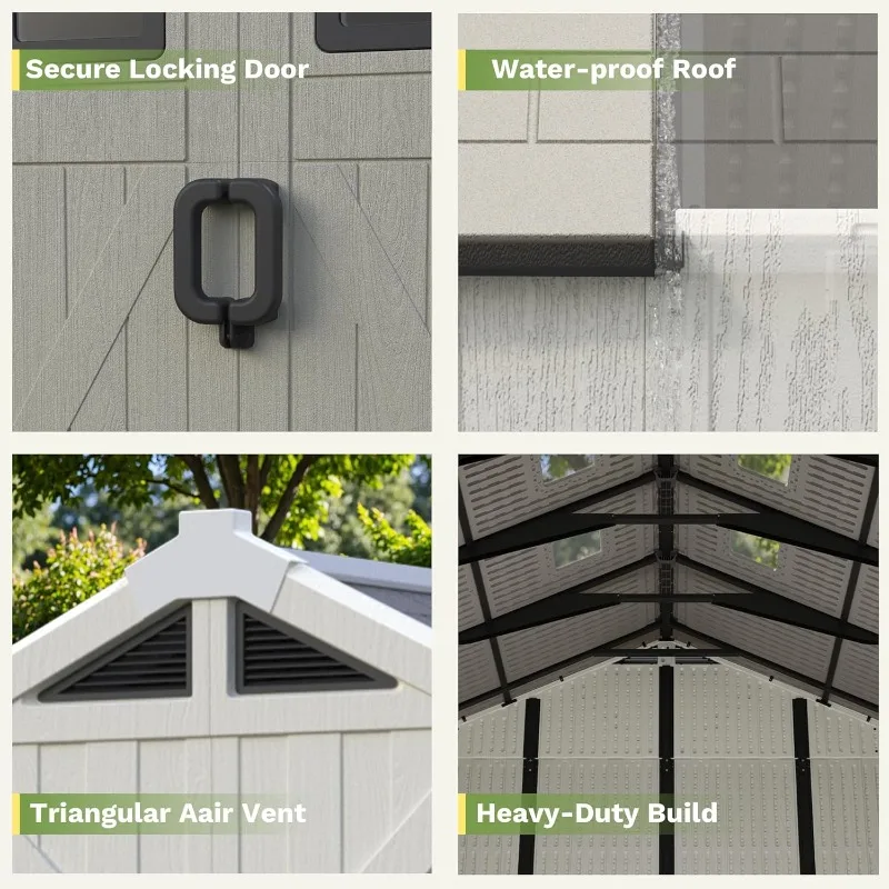 سقيفة تخزين بلاستيكية مقاس 10 × 10 أقدام، من الراتنج مع باب قابل للقفل وكوة
