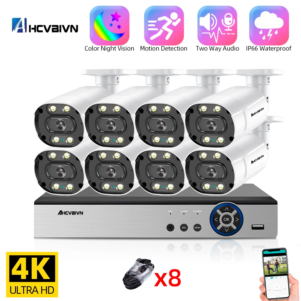 4K 8MP Color Night POE Security Protection Camera System 8CH POE NVR Motion Detection Two Way Audio Outdoor IP66 8MP IP Camera