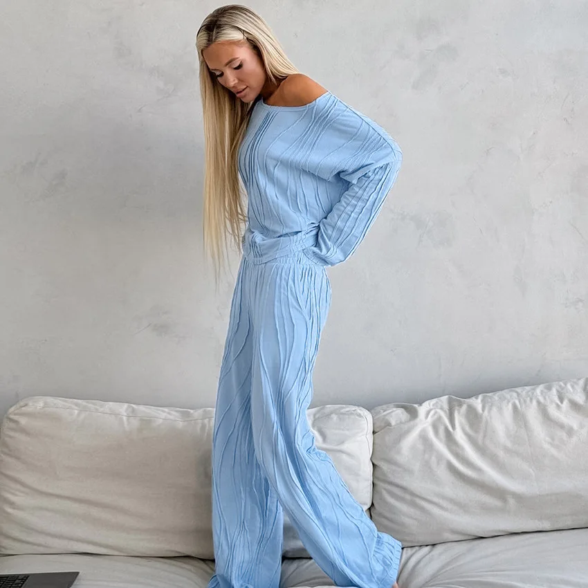 Damespyjamasets Nieuwe losse casual gestreepte gebreide pyjama Lange mouwen Lange broek Loungewear-kleding voor dames