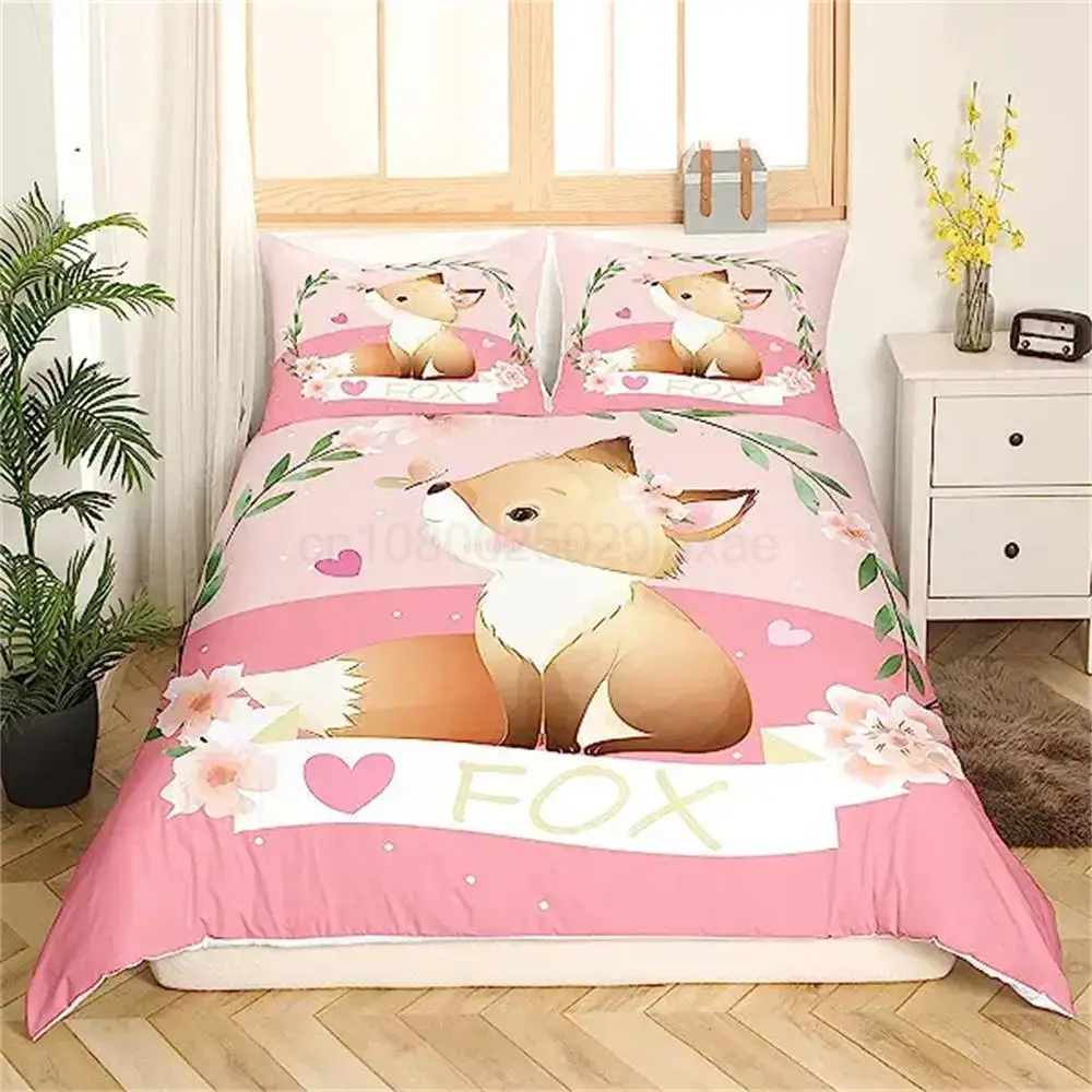 Cartoon Fox Duvet Cover Cute Fox Bedding Set for Kids Boys Girls Bedroom Decoration Kawaii Wild Animal Comforter Cover Floral