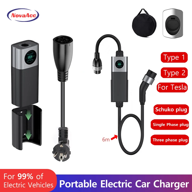 NovaAcc Ev Charger Wallbox 7kw 32A 3.5KW 16A 3Phase 11KW 16A 22KW 32A Type 2 Car Fast Charging Plug To Plug Chargeur for Tesla