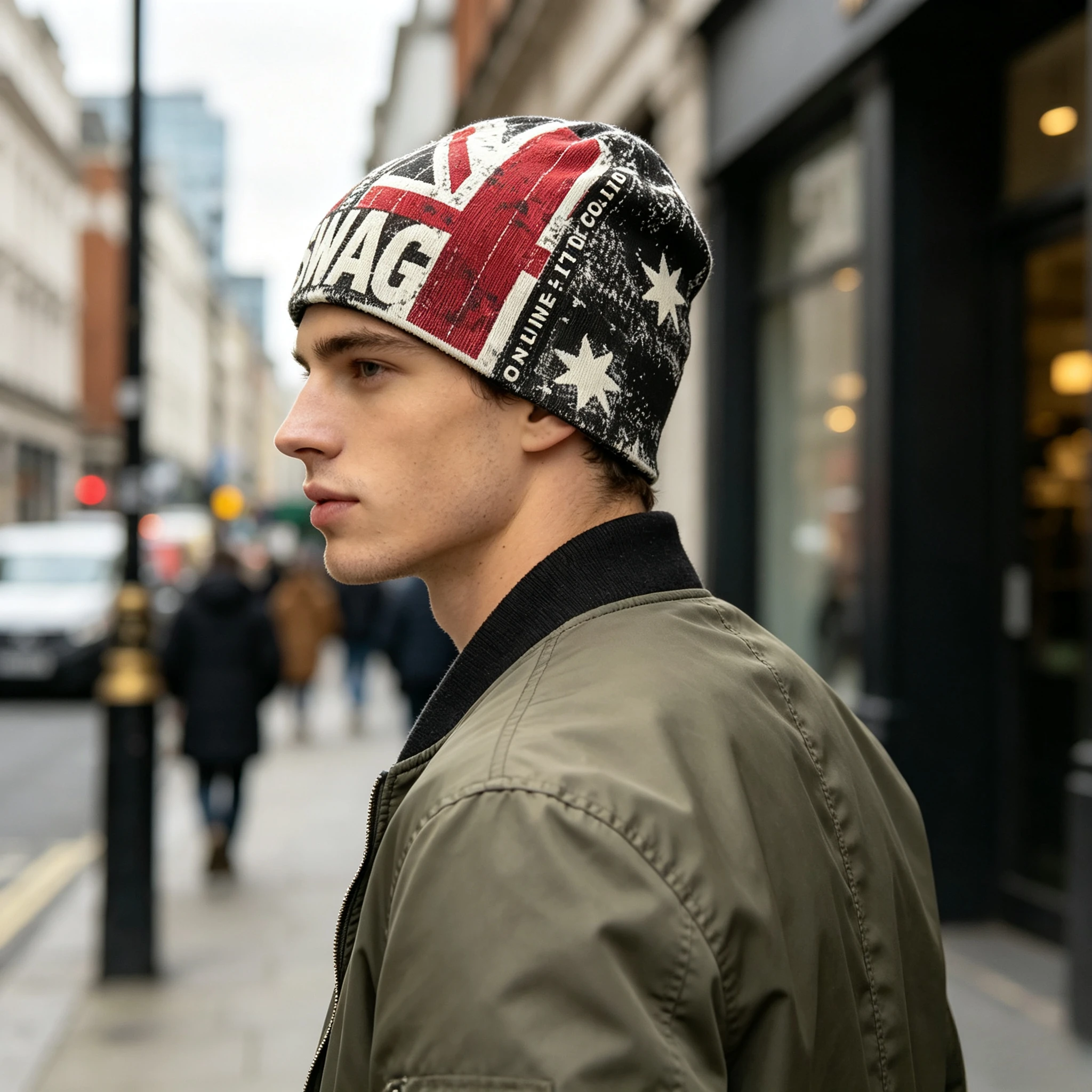 Retro Distressed Union Jack Knit Beanie Letter Graphic Print Skull Cap British Flag Pattern Street Fashion Casul Winter Headwear