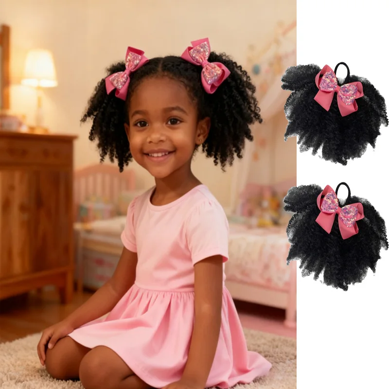 

2pcs /Big Kids Afro Puff Hair Buns, Marley Kinky Bulk with Elastic-glitter Hair Bow Clip-Soft Natural Feel Hair Extensions