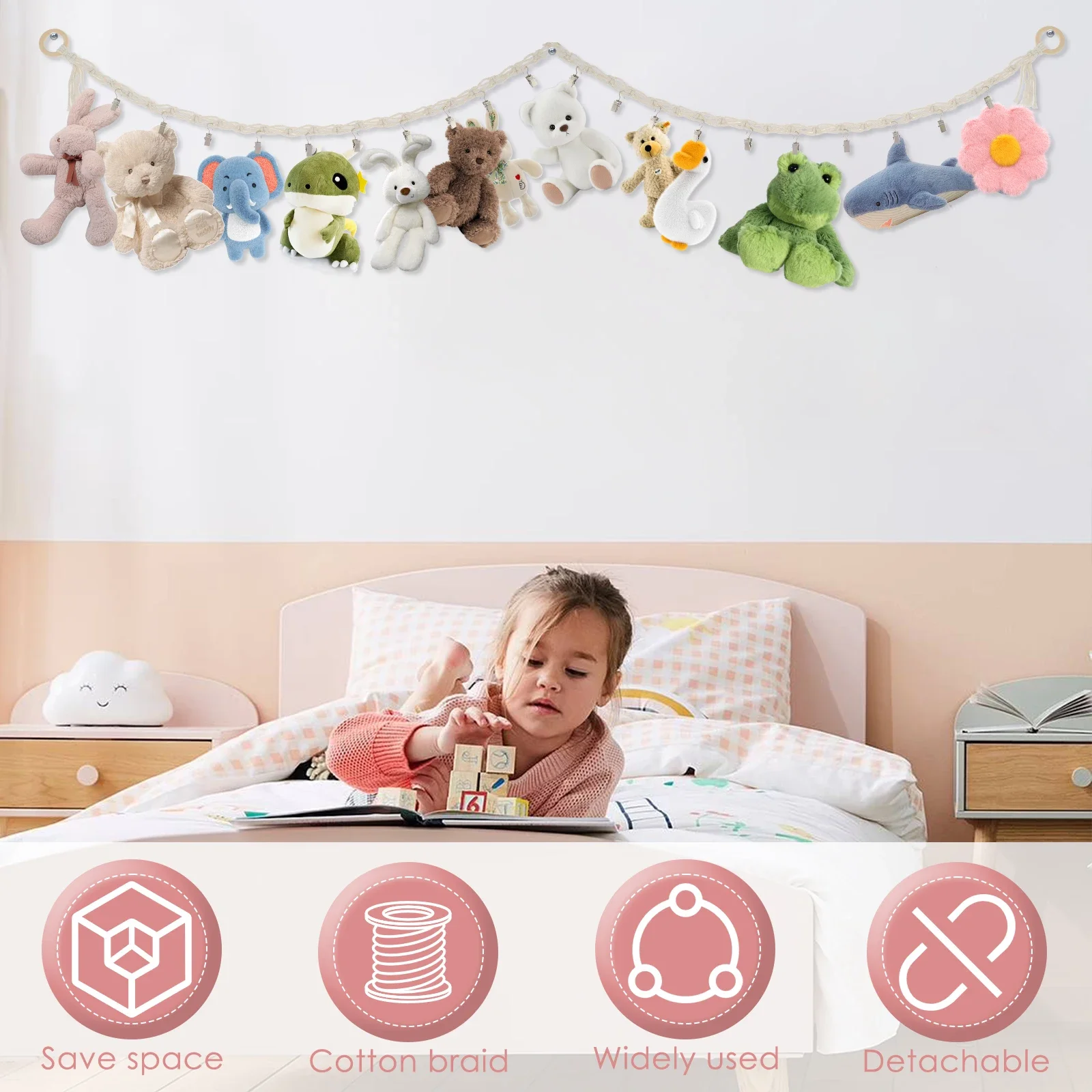 Toy Stuffed Storage Chain Hammock with Removal Clips Stuffed Animals Toy Display Holder Wall Hanging for Bedroom Play Room Decor
