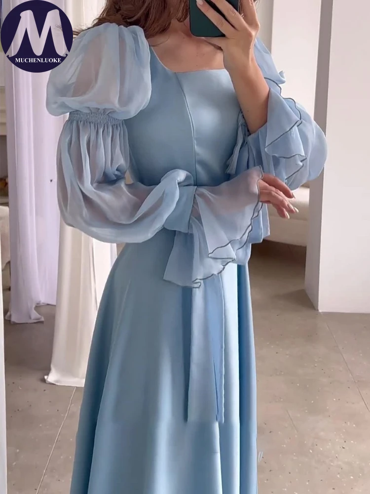 Women\'s Puff Sleeve Square Neck Dress, Elegant Evening Dresses, Slim Fit, Fashionable, Spring, Summer, New, 2024