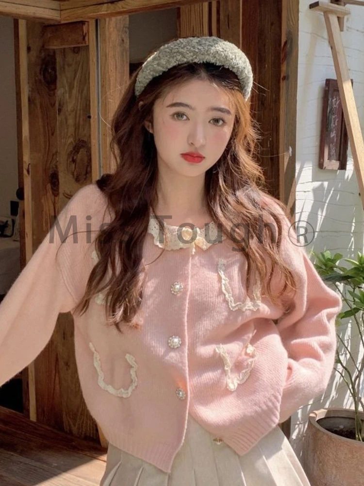 Winter Sweet Knitted Cardigan Women Pink Warm O-neck Vingate Sweater Coat Female Korean Fashion Casual Elegant Clothes 2023 New