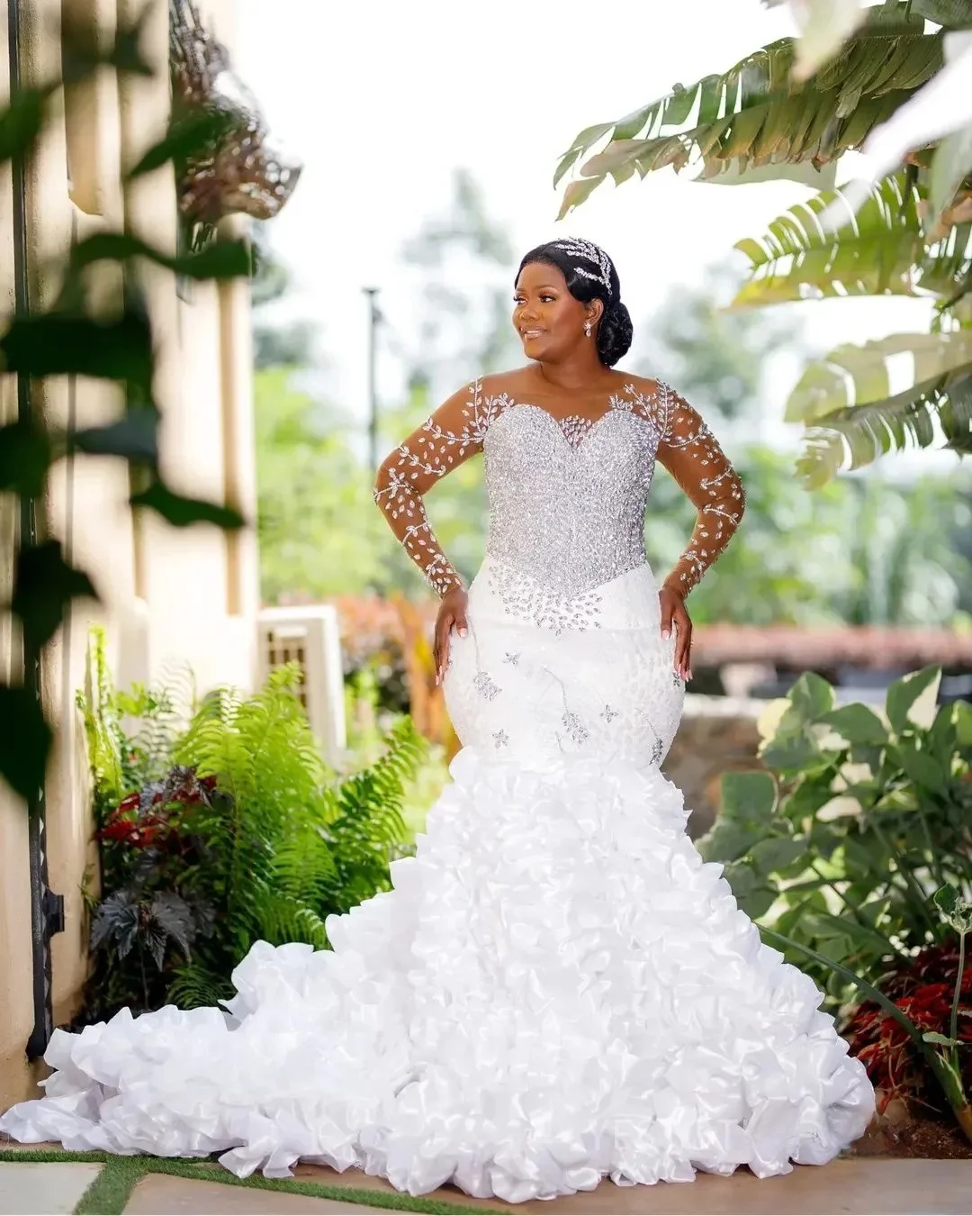 Customized Plus Size Mermaid Wedding Dress Bride Bridal Gowns Detachable Train Long Sleeves Sheer Beaded Lace Tiered
