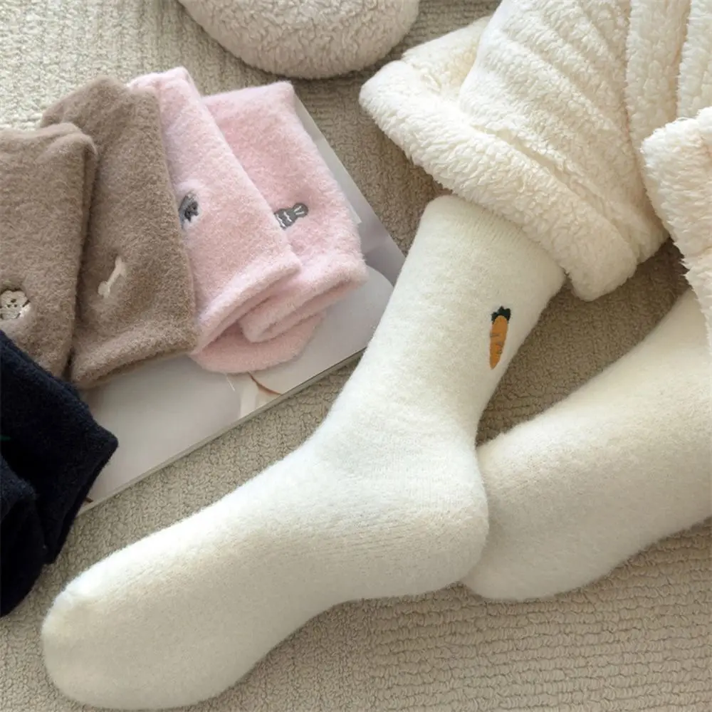 1Pair Winter Warm Socks Double-sided Cashmere Socks Cute Middle Tube Thick Thermal Soft Women Mid Socks Floor Sleep Sock Casual