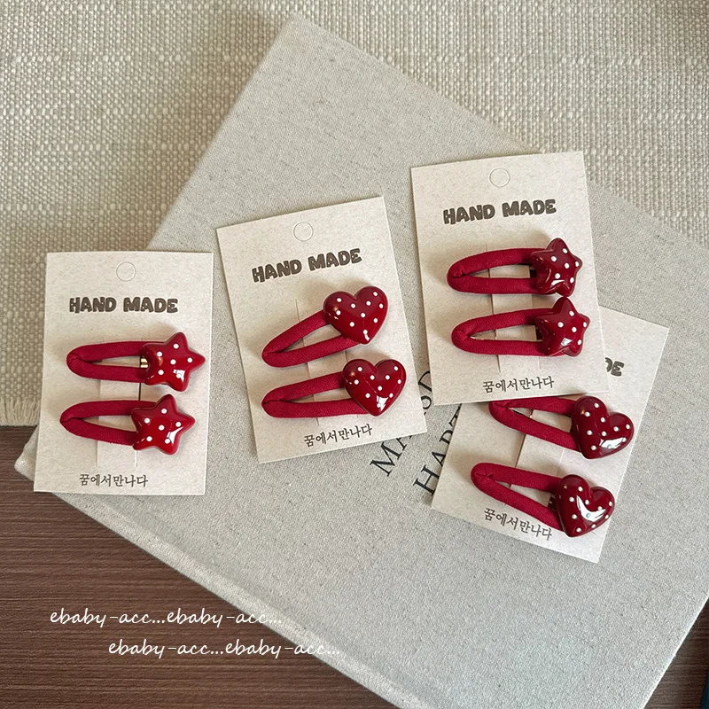 Hair Clips Fabric Covered Polka Dot Star Heart Wine Red Korean Style Cute Side Bangs BB Barrettes for Girls Kids New Year Party