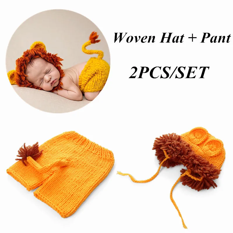 2pcs/set Newborn Photography Props Baby Costume Set Lion Animal Crochet Knit Handmade Pants Hat Baby Lion Suit Fotografia