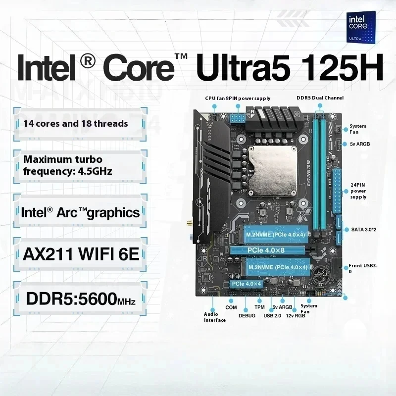 ERYING Core Ultra5 125H Ultra7 155H Ultra9 185H اللوحة الأم رقاقة 2 * DDR5 NVME PCIE4.0 لتقوم بها بنفسك لوحة رئيسية لألعاب الكمبيوتر