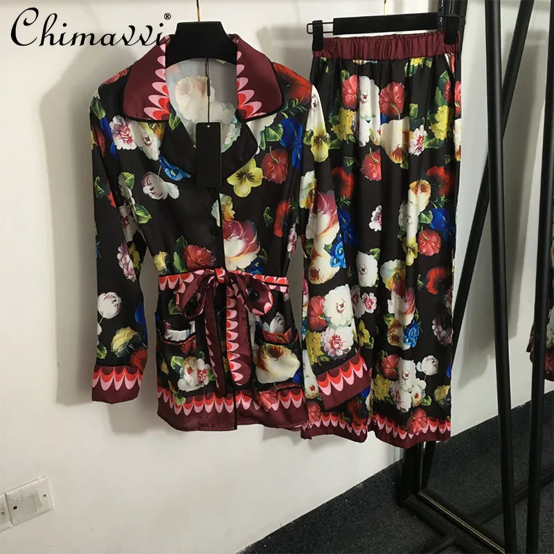 

2025 Spring Summer New Fashion Color Flower Print Lace-up Waist Long-sleeved Shirt with High Waist Wide Legs Trousers Suit Women