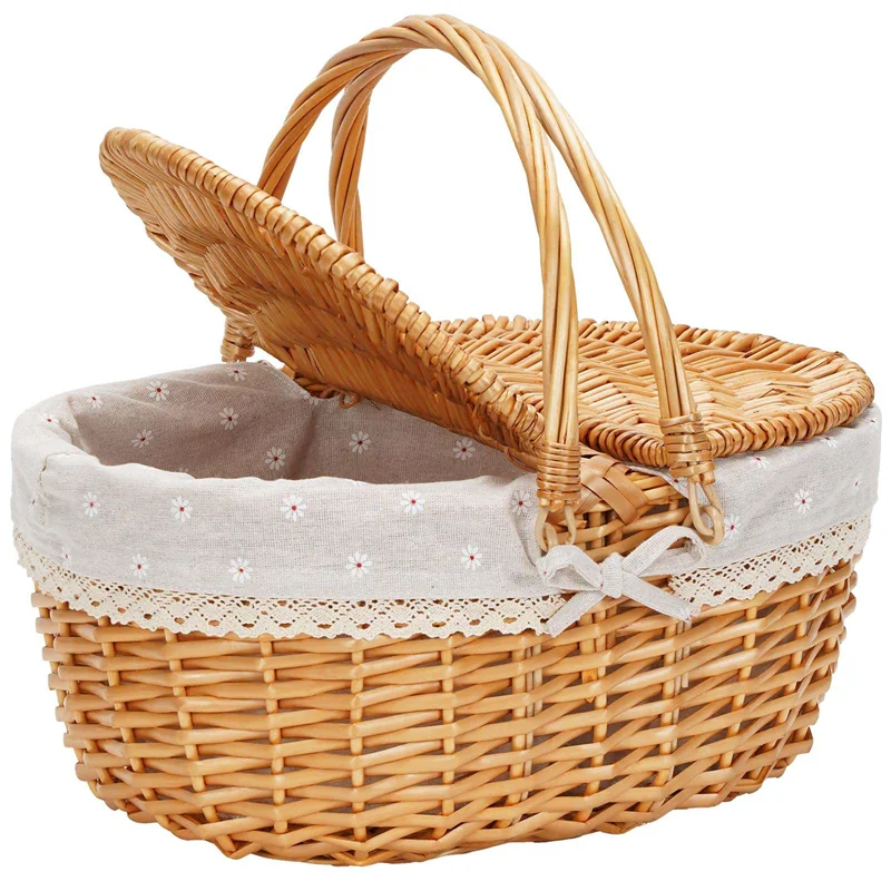 

Wicker Picnic Basket With Lid,Wicker Basket With Handle And Liner, Handmade Shopping Basket,Braided Wicker Picnic Basket