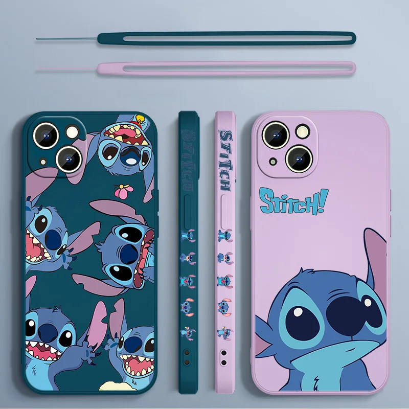 Stitch The Baby Disney Cover For Apple iPhone 15 14 13 12 11 Pro Max mini XS XR X 8 7 6S 6 Plus Liquid Left Rope Phone Case