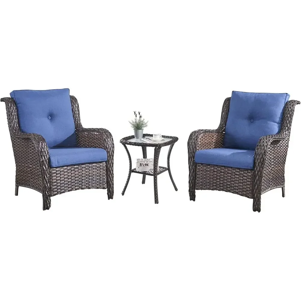 3-Piece Outdoor Bistro Set with Wicker Chairs and Glass Top Side Table