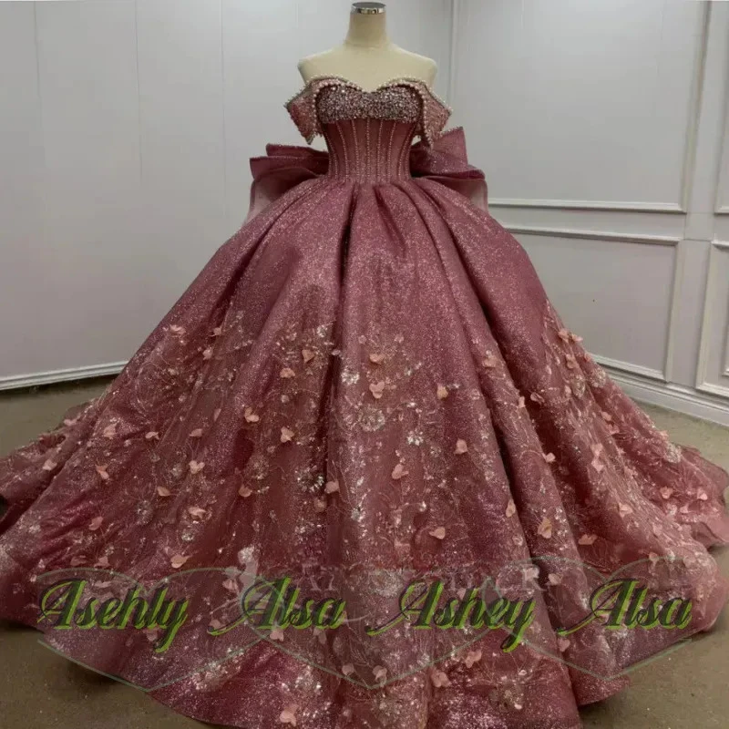 

Pink Shiny Princess Off the Shoulder Sweet 16 Dress Quinceanera Dresses Applique Crystal Bow Party Birthday Vestidos 15 Anos