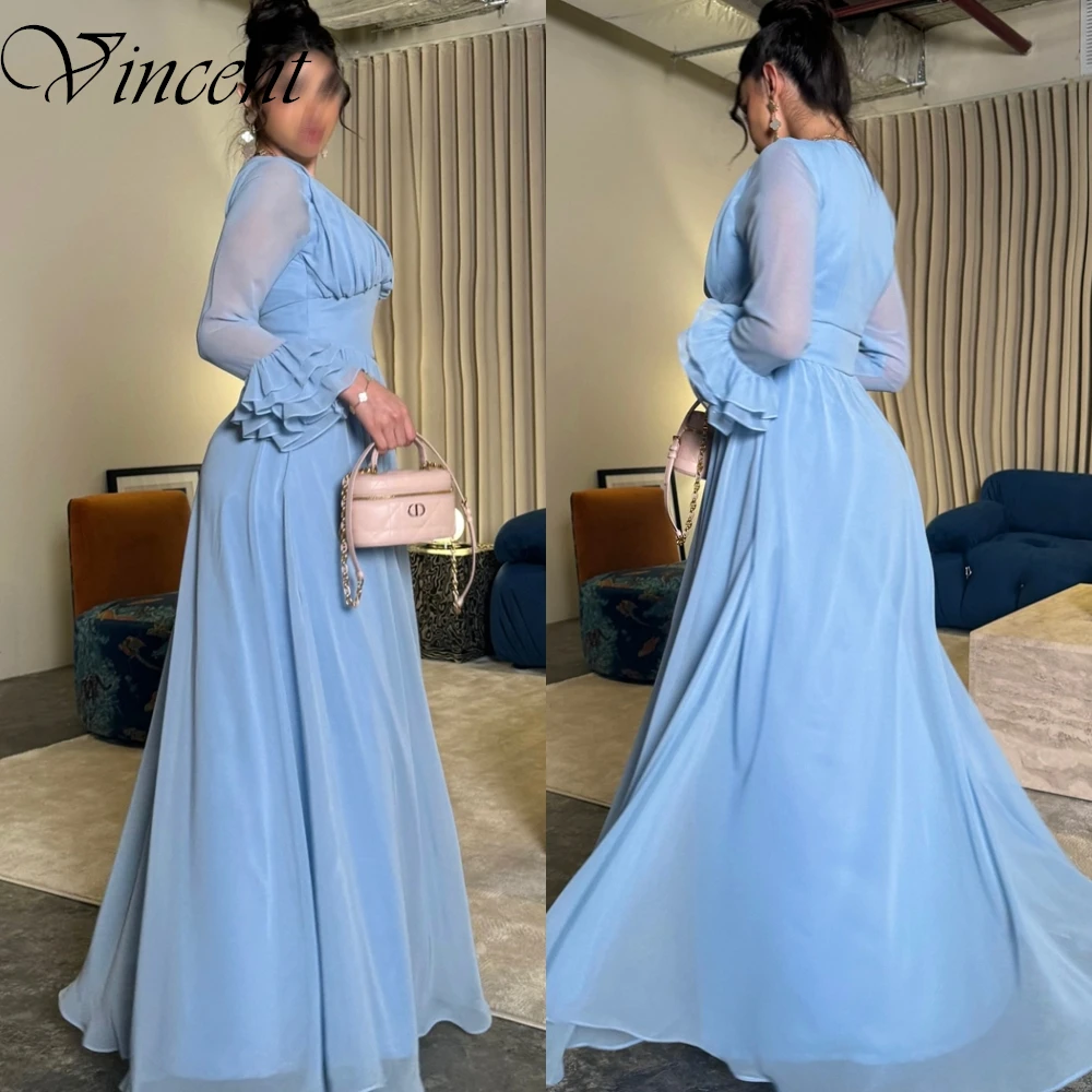 カスタマイズされたクラシックブルーシフォンイブニングドレスシンプルな A ライン長袖ウエディングドレスセクシーなスタイル V ネックホームカミングドレス女性のための