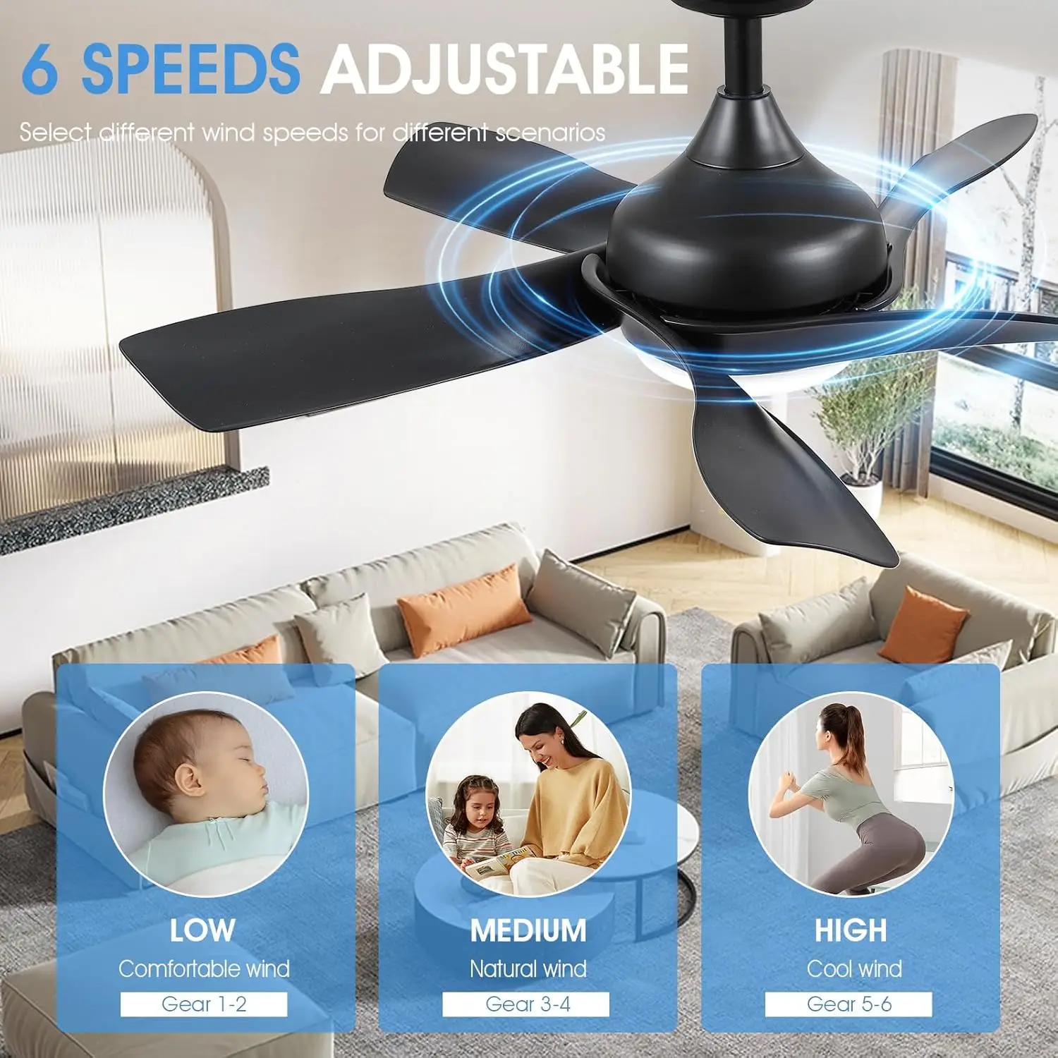 36 Inch Ceiling Fans with Lights Remote/APP Control, 2 Downrods Flush Mount Ceiling Fans with Reversible 5 Curved Blades