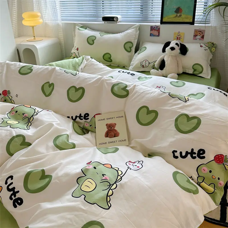 Ins Dinosaur Duvet Cover Set with Pillowcases Flat Sheet Cute Bear Boy Girl Queen Full Hotel Home Bed Linens No Filler